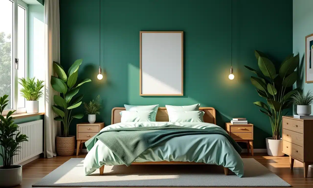 Quarto decorado com cores análogas em tons de azul e verde, estilo brasileiro.