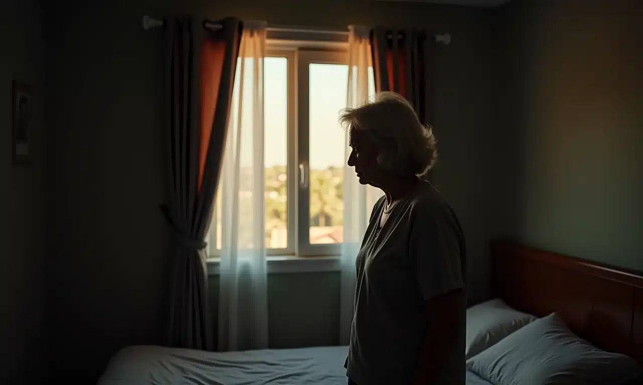 Quarto pequeno com cortinas pesadas e escuras bloqueando a luz do sol.