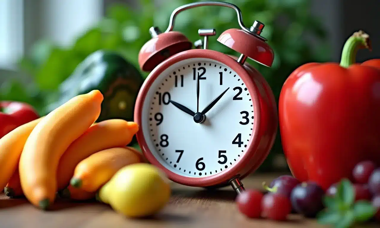 Relógio com alimentos saudáveis, representando o Jejum Intermitente.