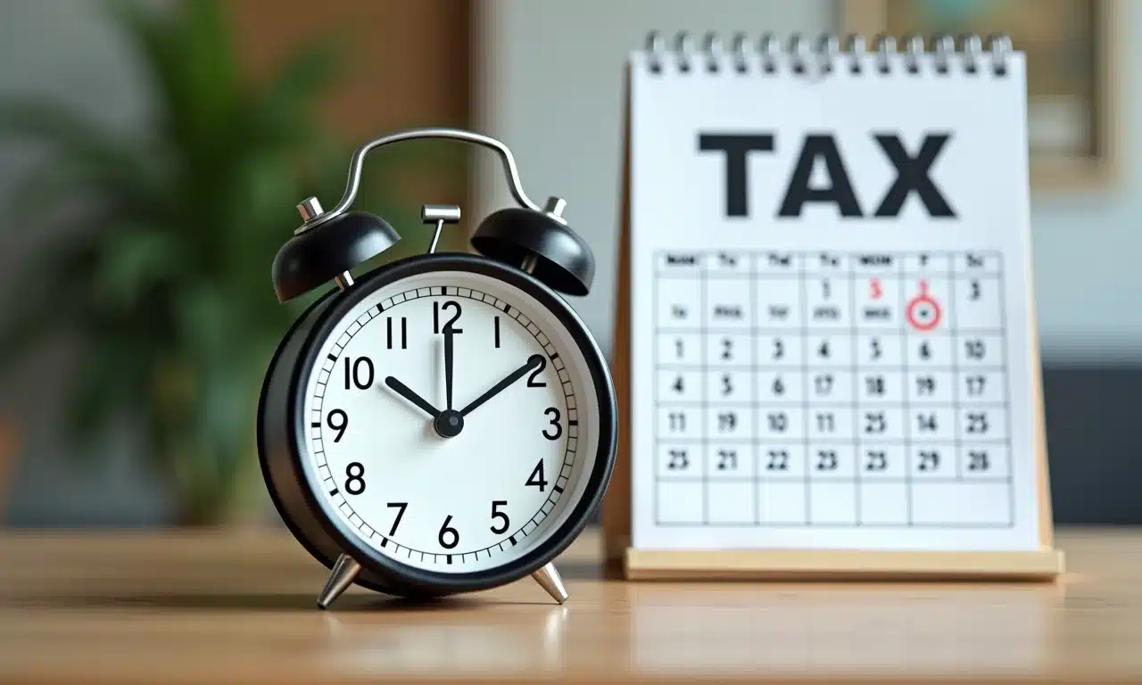Relógio sobreposto a formulário de imposto de renda com calendário marcando data limite.