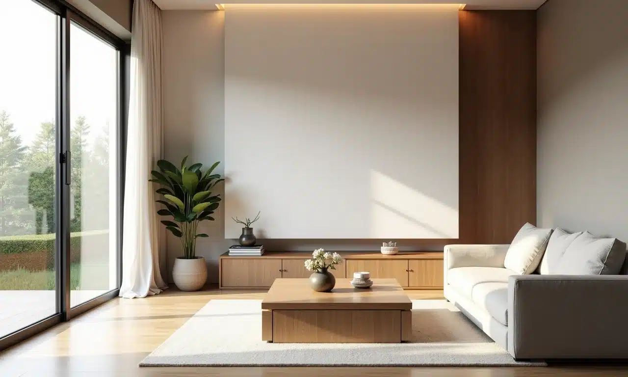 Sala de estar Japandi com design minimalista e espaço organizado.