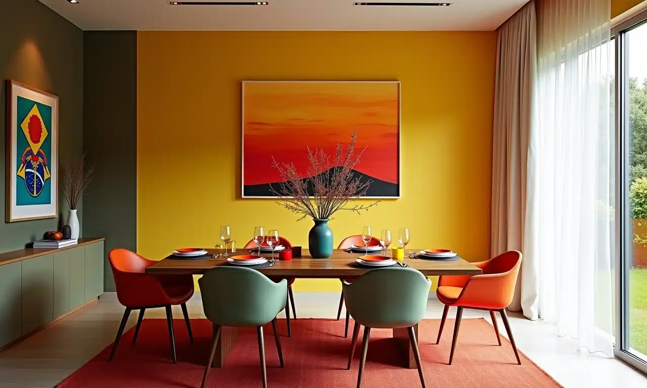 Sala de jantar com decoração em cores análogas: amarelo, laranja e vermelho, arte brasileira.