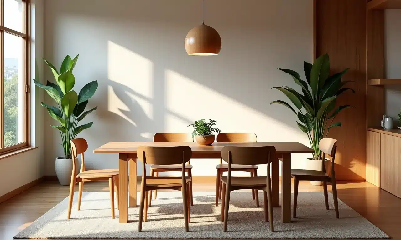Sala de jantar Japandi com mesa de madeira natural e cadeiras minimalistas.