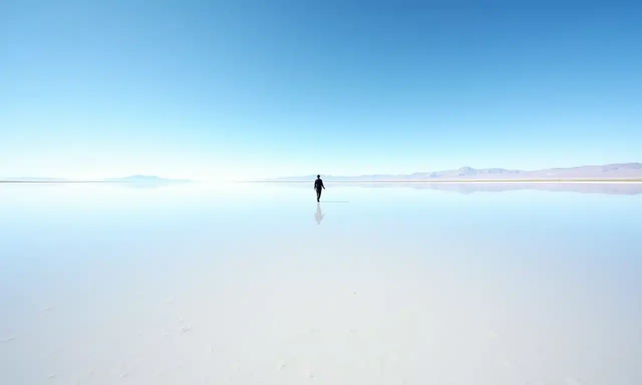 Salar de Uyuni na Bolívia refletindo o céu, criando um efeito de espelho deslumbrante.