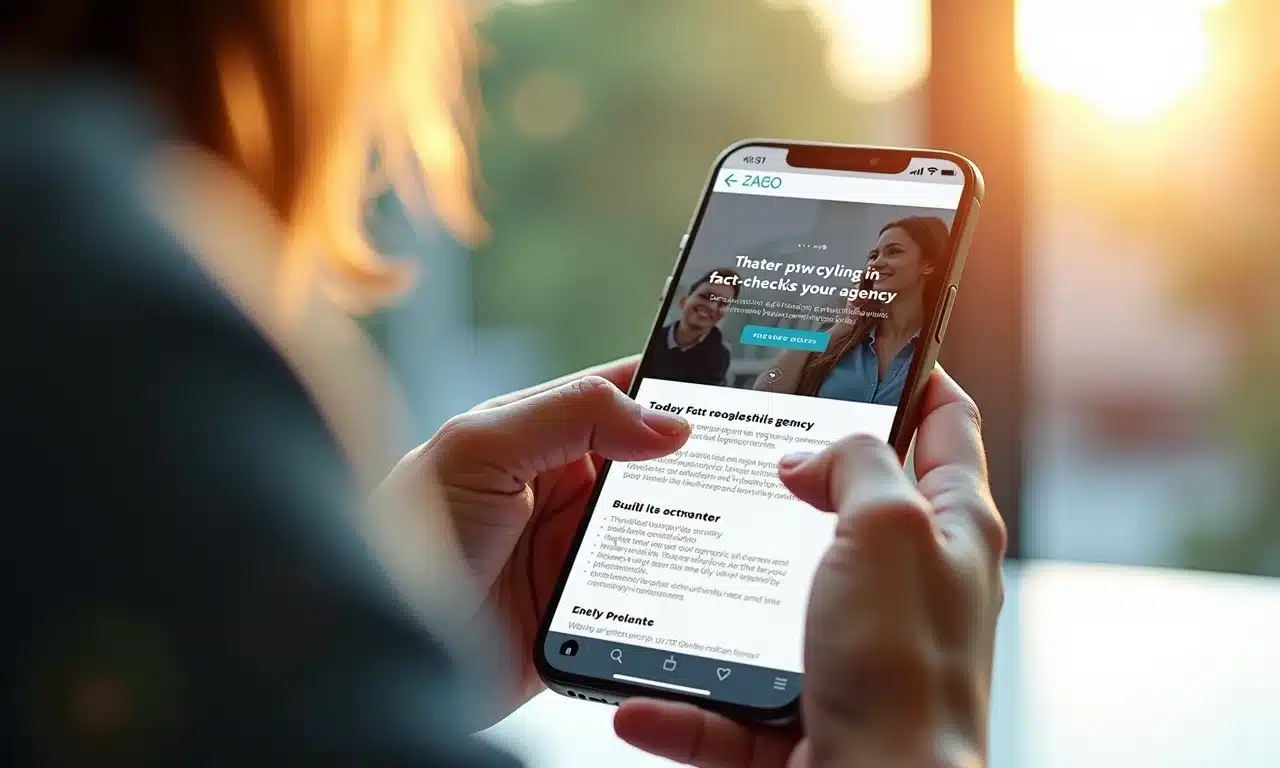 Smartphone mostrando site de agência de checagem de fatos.