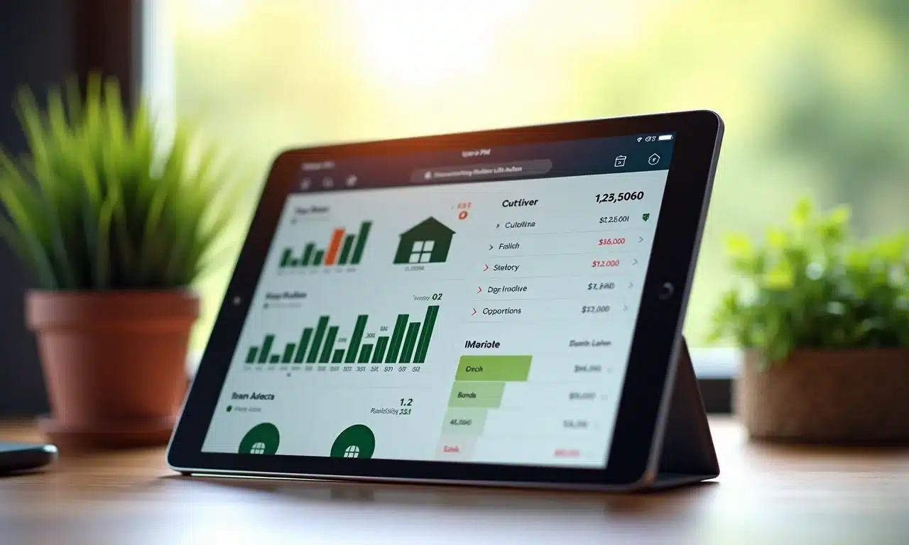 Tablet mostrando opções de investimento: ações, títulos, imóveis. Diversificação de portfólio.