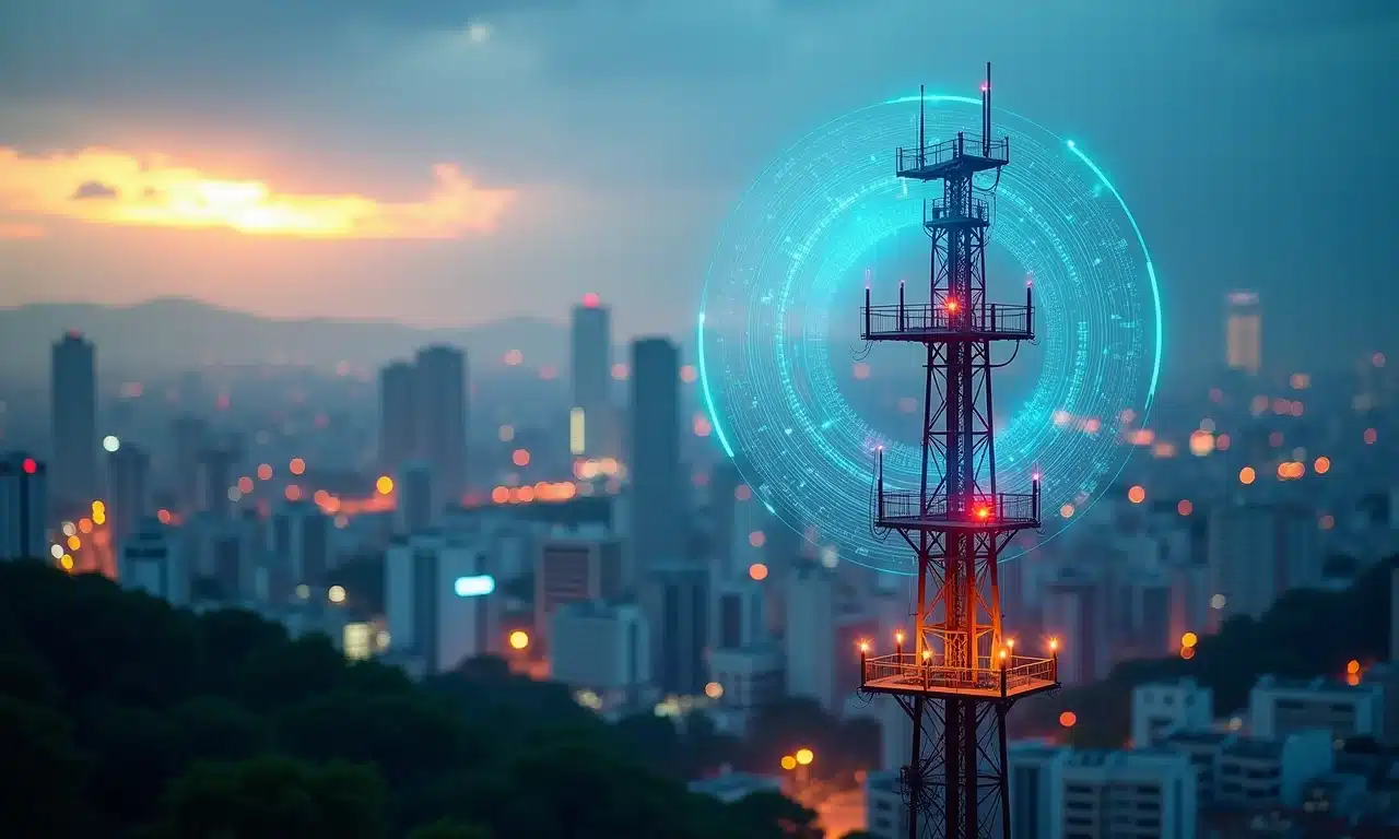 Torre de celular 5G em paisagem urbana brasileira, com foco na velocidade de download.