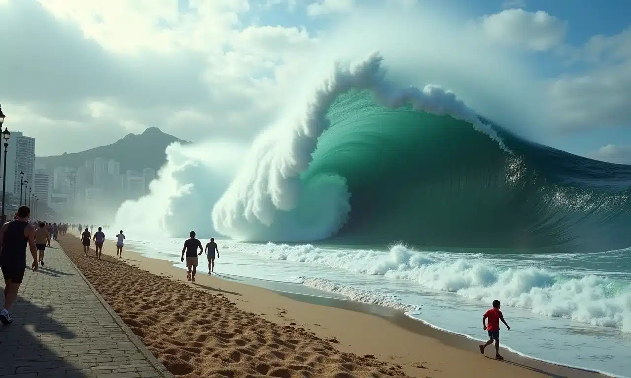 Tsunami gigante atingindo Copacabana após o desaparecimento da Lua.