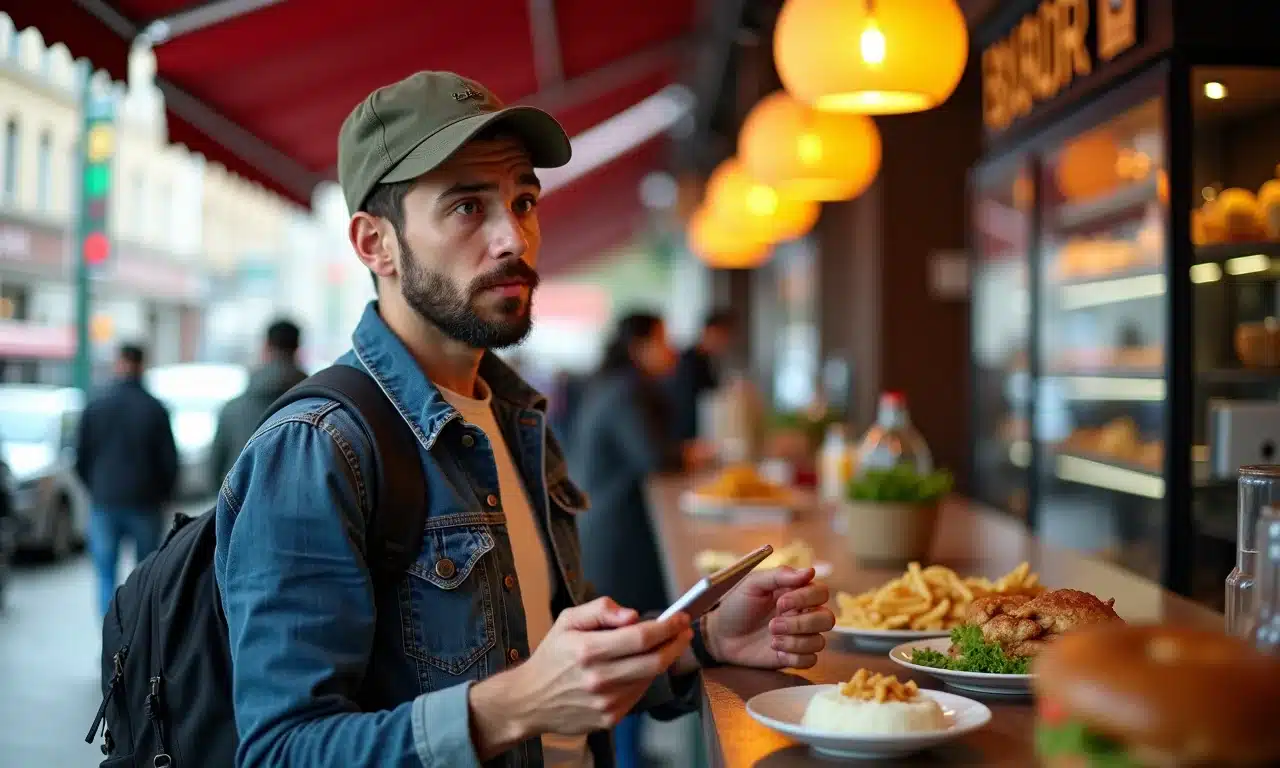 Turista confuso tentando pedir comida no exterior, ilustrando a falta de pesquisa cultural.