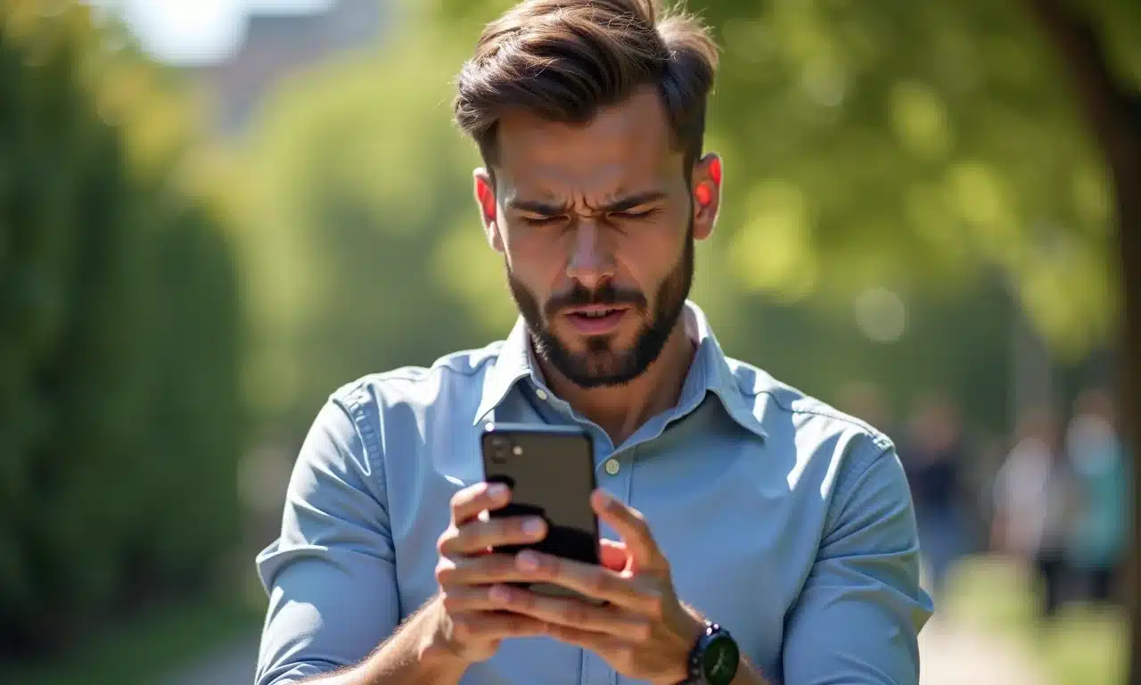 Usuário frustrado com sinal 5G fraco em área externa, mostrando as desvantagens da tecnologia.