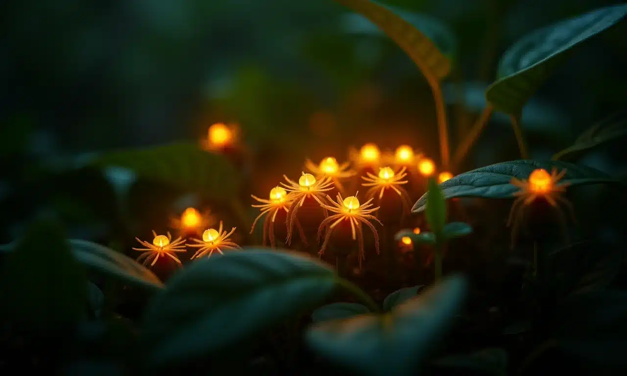 Vaga-lumes brilhando em uma floresta exuberante ao entardecer.