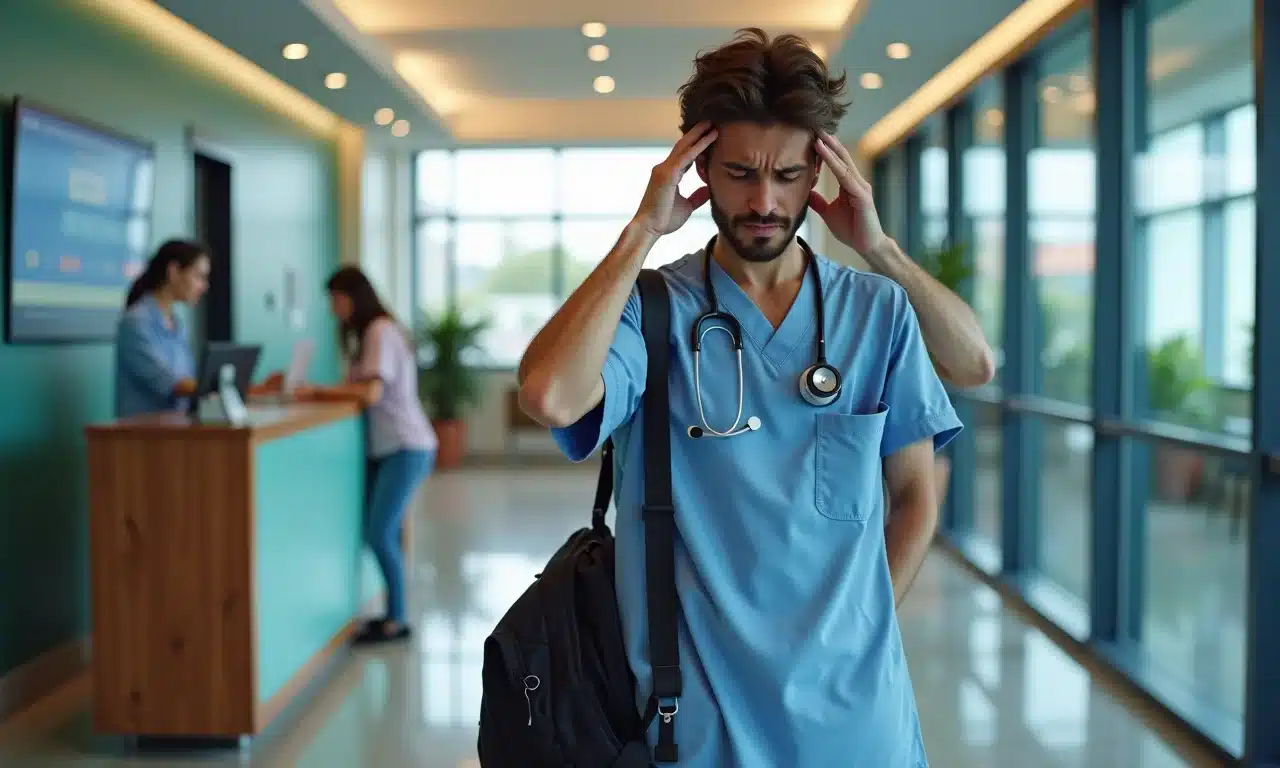Viajante estressado em hospital no exterior, representando a importância do seguro viagem.