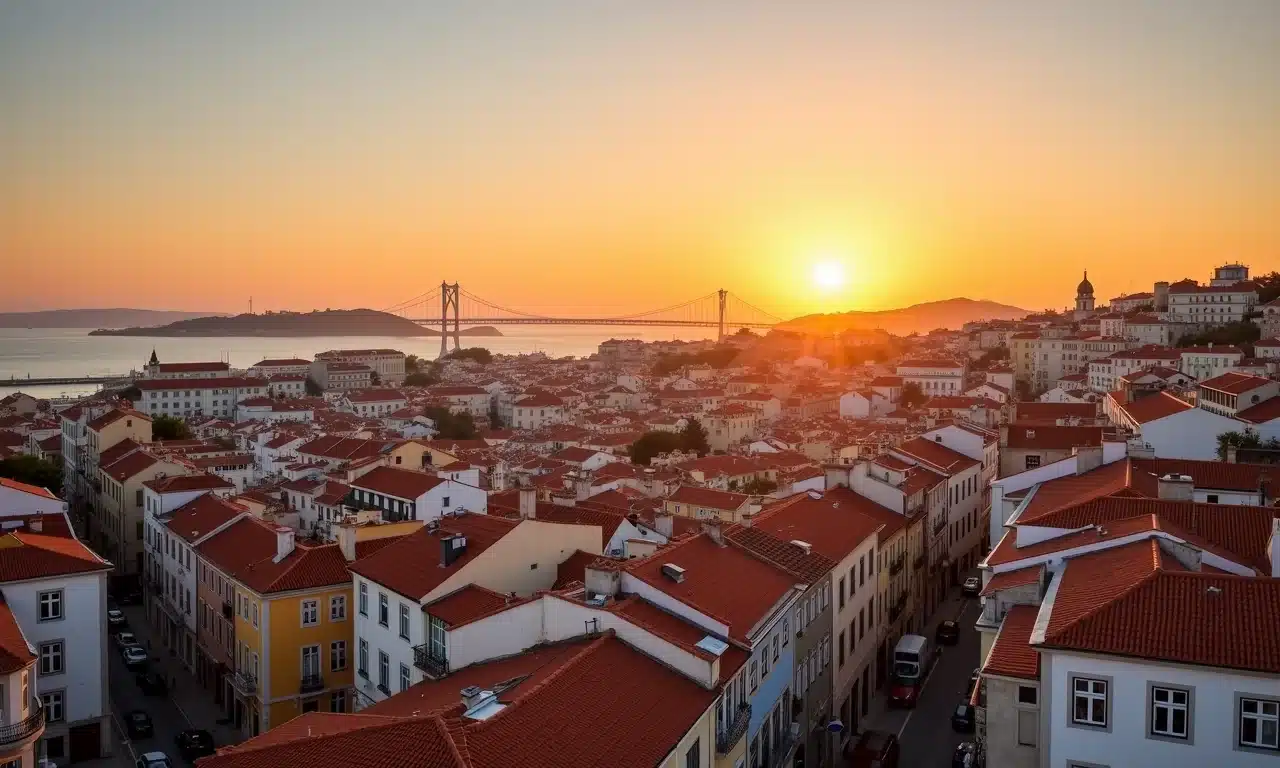 Vista de Lisboa ao pôr do sol, uma escala charmosa na Europa, stopover.