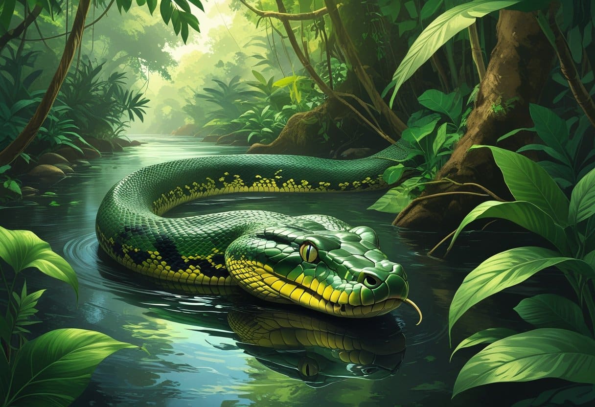 Uma cobra sucuri grande parcialmente submersa em um rio cercado por vegetação densa da floresta amazônica.