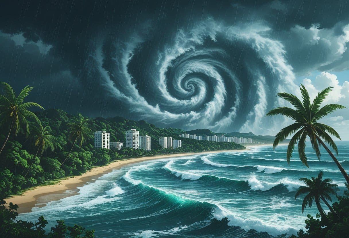 Ilustração de um ciclone sobre a costa do Brasil com chuva forte, ventos fortes e ondas turbulentas no mar.