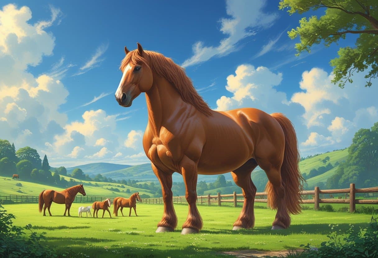 Um cavalo enorme e musculoso em um campo verde amplo, cercado por animais menores, mostrando seu tamanho impressionante.