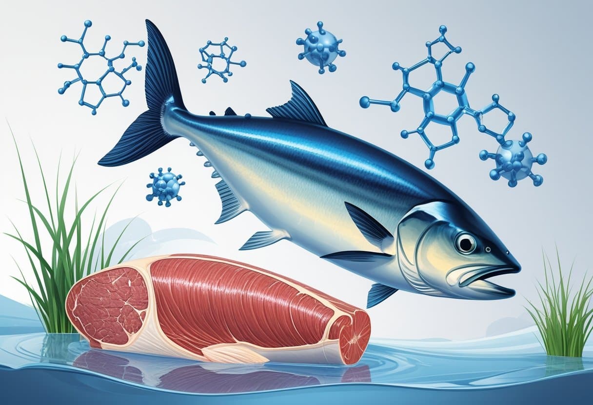 Ilustração mostrando tecido muscular de vaca e um peixe, destacando as fontes naturais de taurina.