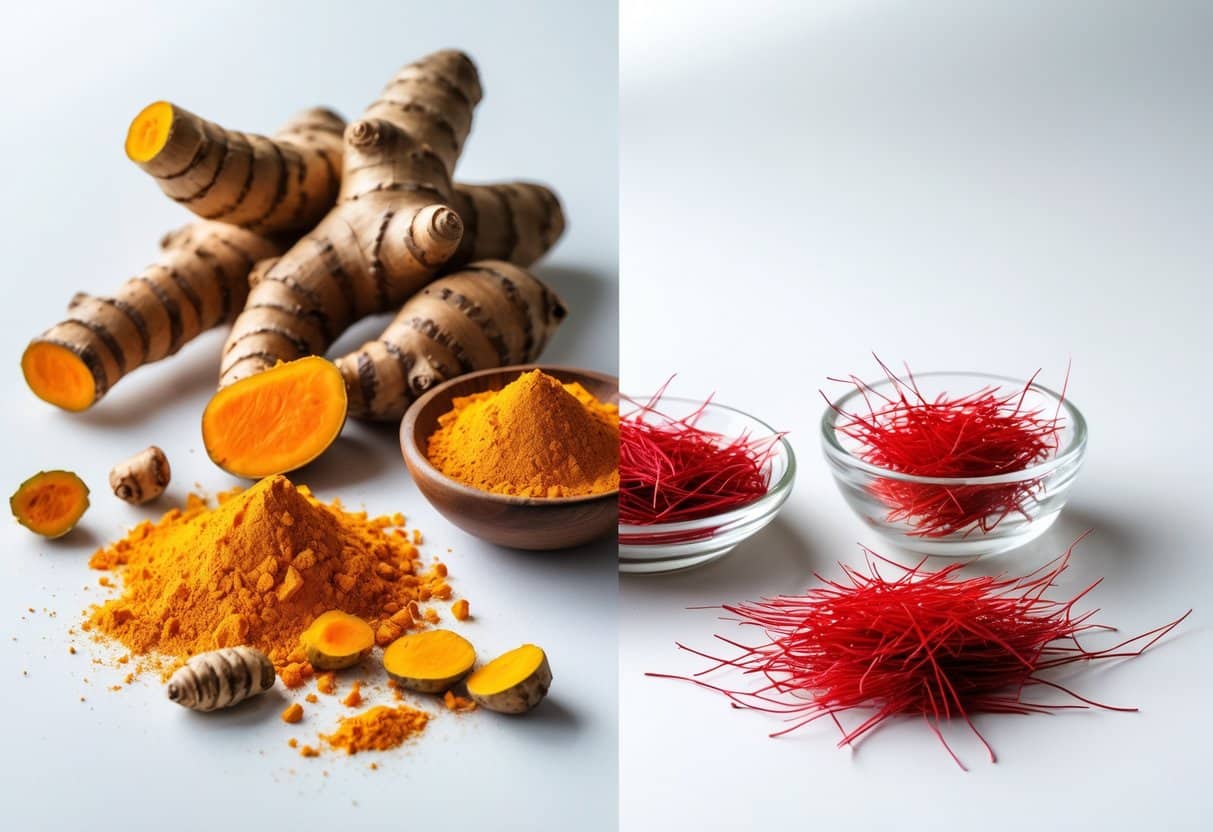 Raízes de cúrcuma e pó amarelo ao lado de fios vermelhos de açafrão em recipientes sobre fundo branco.