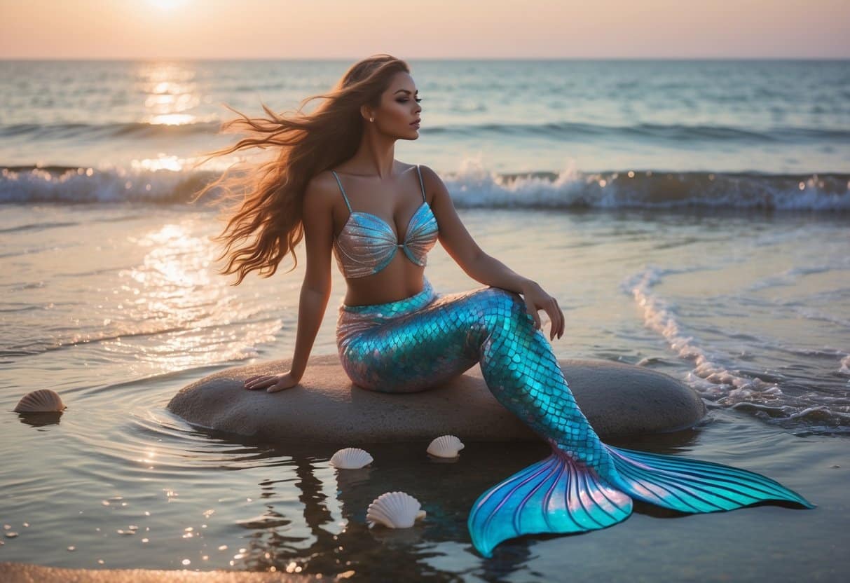 Mulher sentada em uma pedra à beira do mar ao pôr do sol, com cabelo longo e fluido, vestindo uma cauda de sereia brilhante, cercada por conchas e ondas suaves.