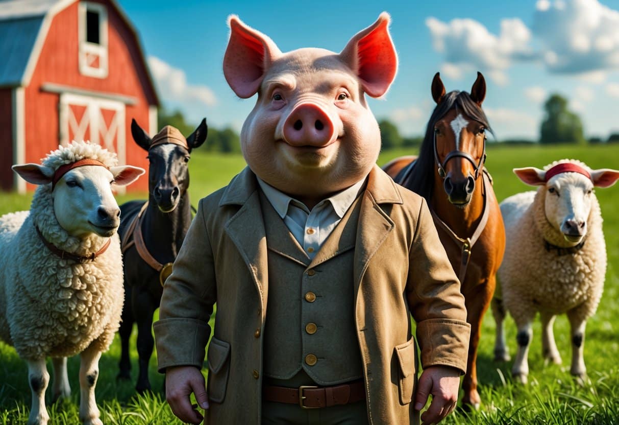Animais de fazenda antropomorfizados representando personagens da Revolução dos Bichos, incluindo um porco em roupa de fazendeiro, um cavalo com arreio, um corvo e uma ovelha, em um cenário de fazenda com celeiro vermelho e campos verdes.