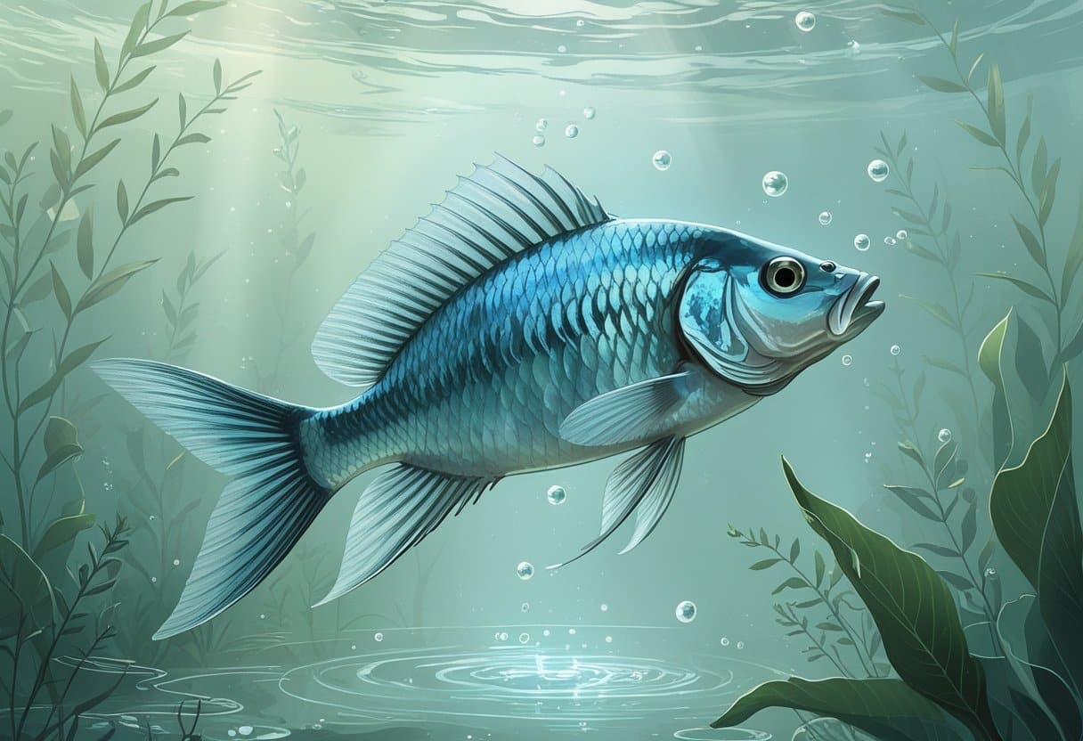 Peixe tilápia nadando calmamente em um ambiente subaquático com plantas aquáticas e luz suave filtrando a água.