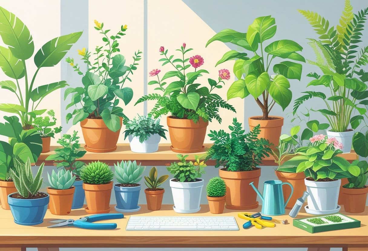 Mesa com várias plantas diferentes em vasos, ferramentas de jardinagem e um ambiente iluminado por luz natural.