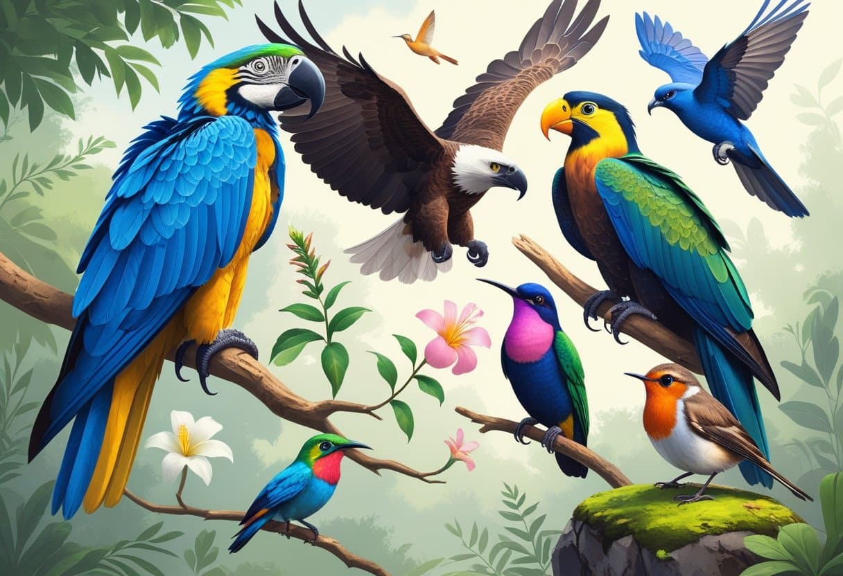 Vários pássaros famosos em um ambiente natural, incluindo arara azul e amarela, águia-careca, tucano, beija-flor, pavão e sabiá, todos exibindo suas características distintas.