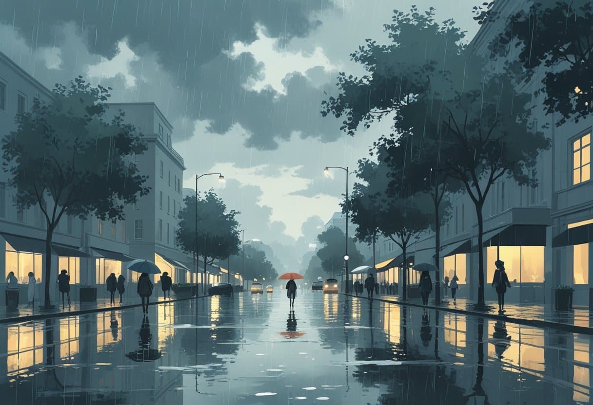 Rua urbana com chuva leve e esparsa, pessoas caminhando com guarda-chuvas e superfícies molhadas refletindo a luz.
