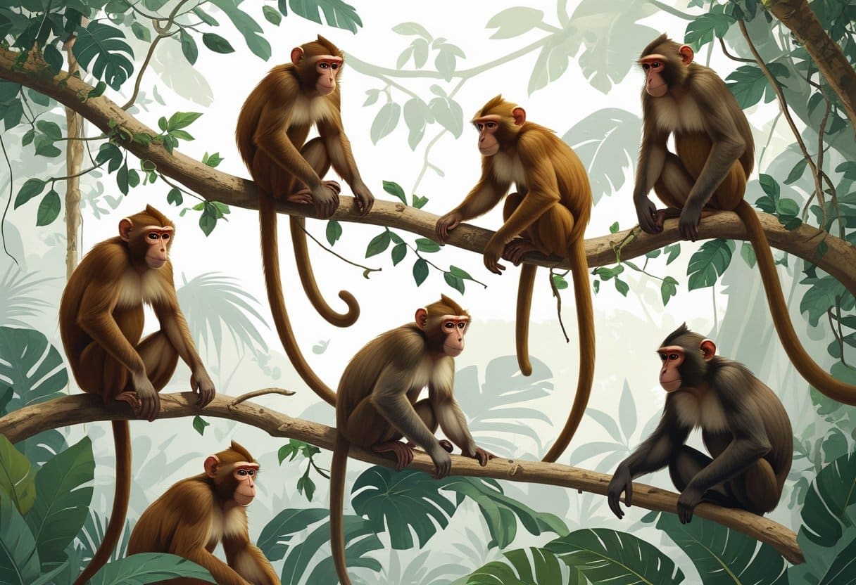 Vários tipos de macacos diferentes em um ambiente natural com árvores e folhagens.