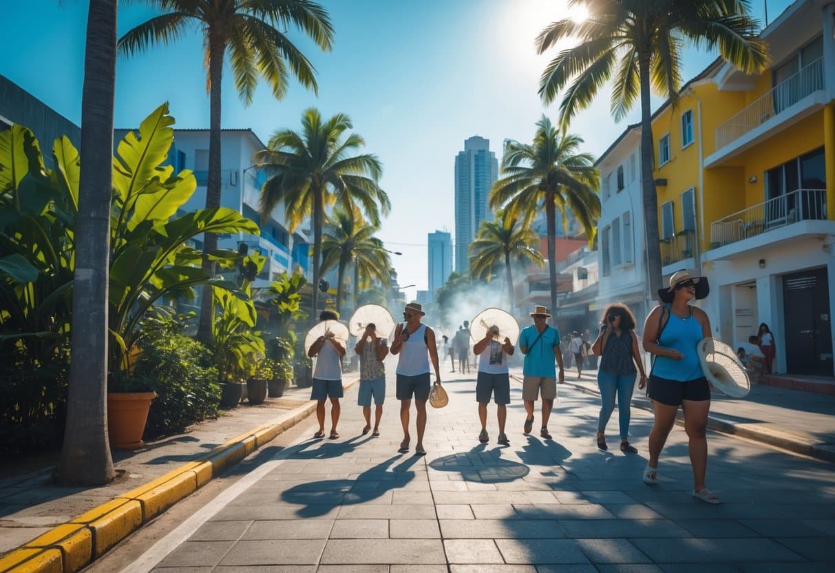 Rua movimentada em uma cidade brasileira com pessoas usando roupas leves e acessórios para se proteger do calor intenso sob um céu azul claro.