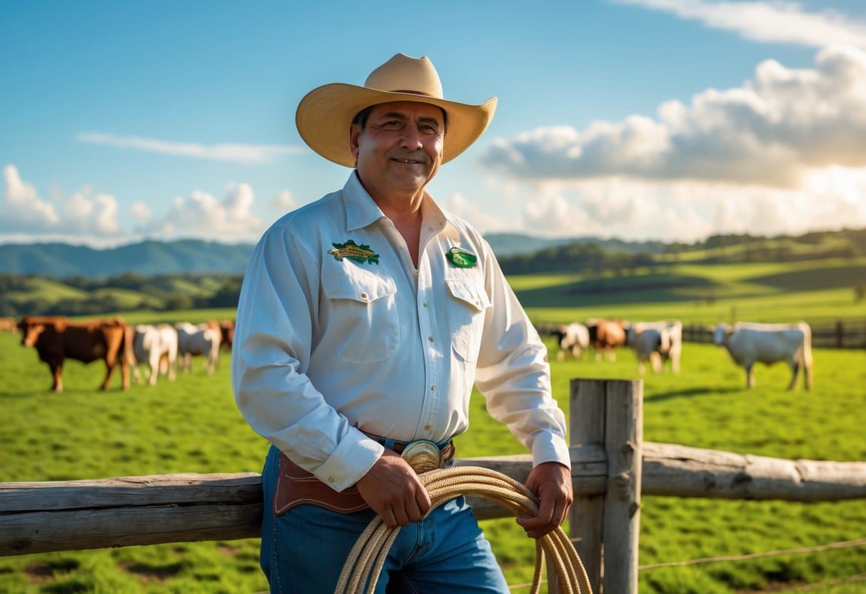 Homem brasileiro em roupa de fazenda em um grande pasto com gado, cercas de madeira e colinas ao fundo.