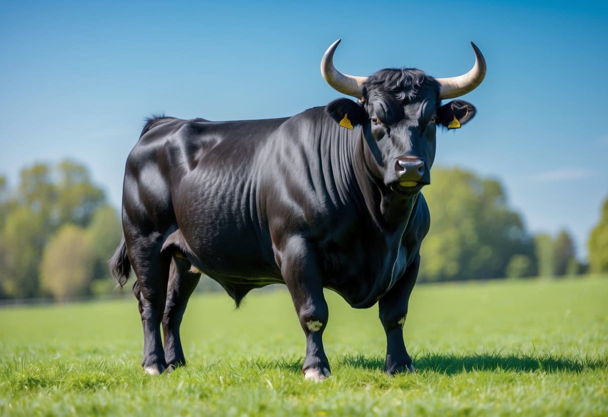 Um boi Nelore preto em um pasto verde sob céu azul.