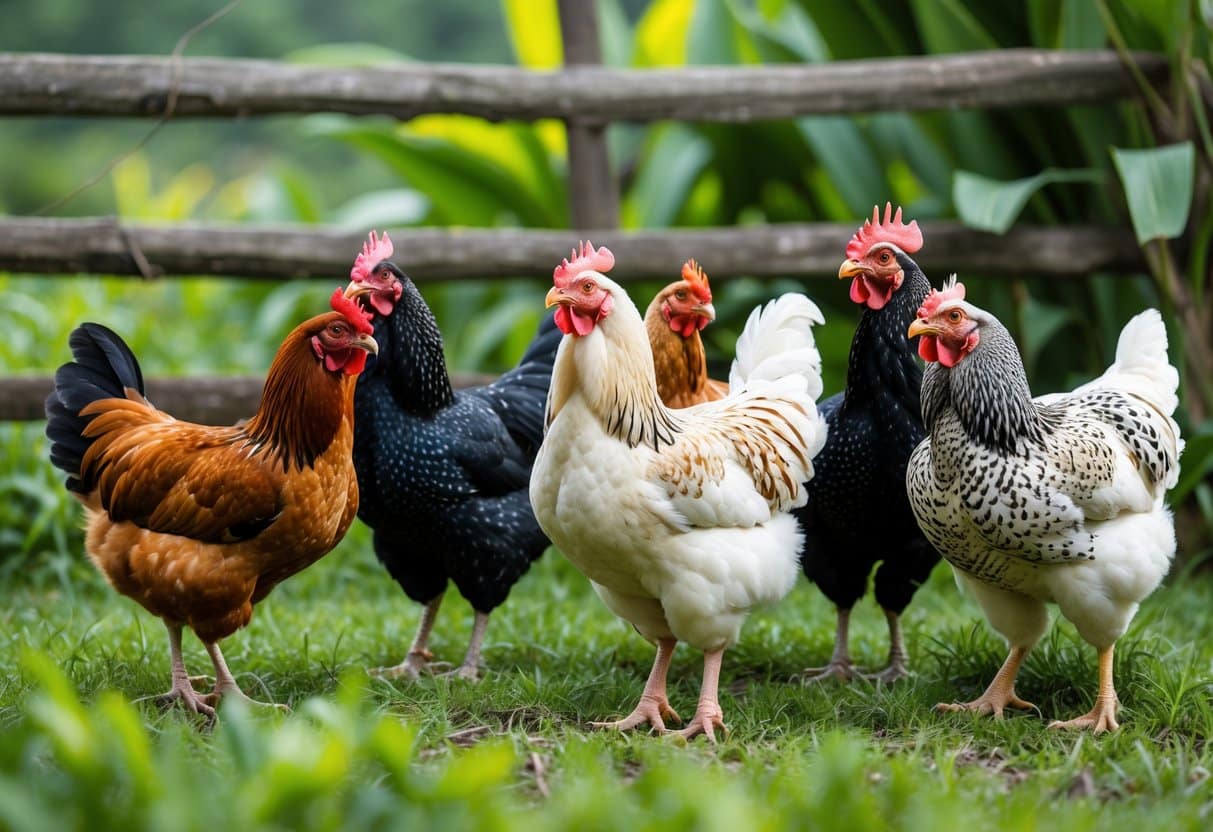 Várias raças de galinhas brasileiras em um ambiente de fazenda com grama verde e cerca de madeira ao fundo.