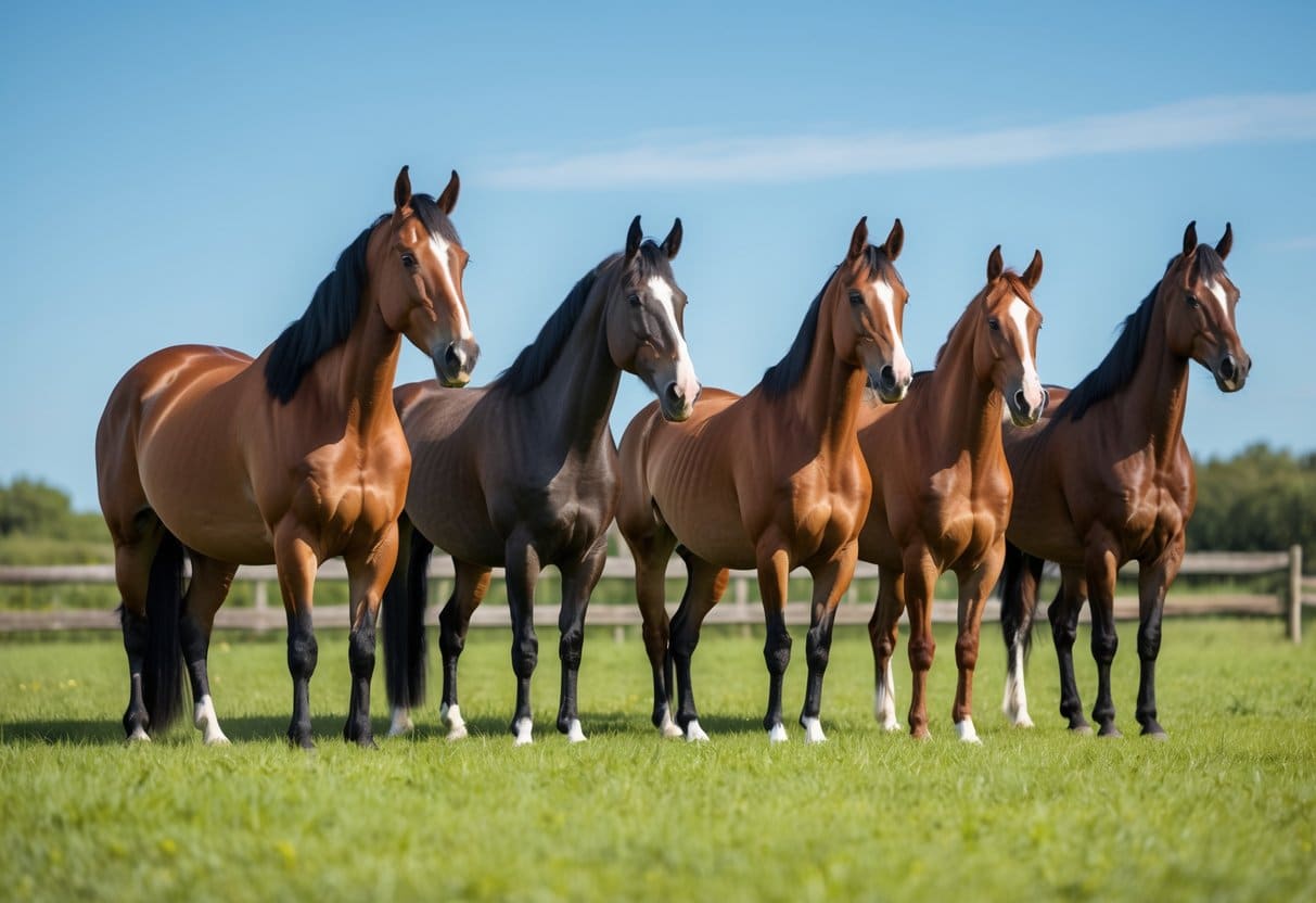Vários cavalos de raças brasileiras em um campo verde sob céu azul.