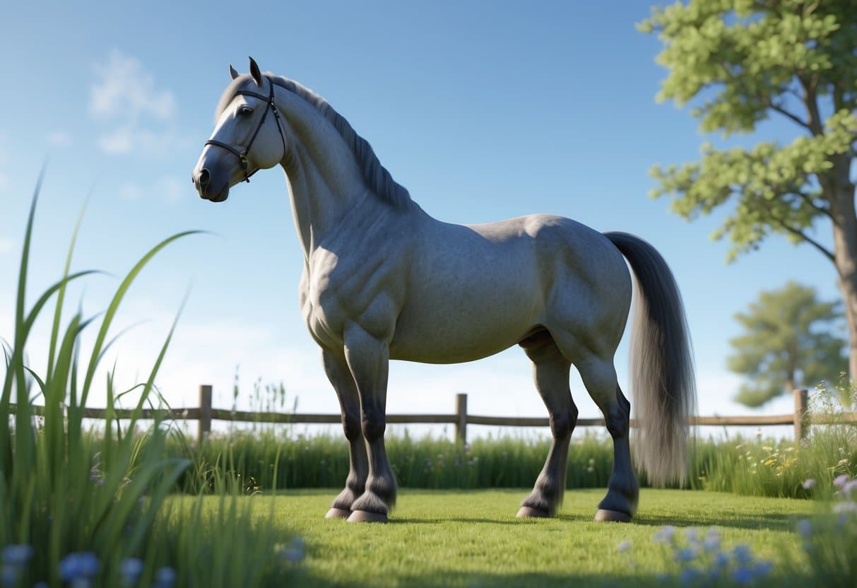 Um cavalo Percheron cinza grande e musculoso em um pasto verde com grama alta e uma cerca de madeira ao fundo.