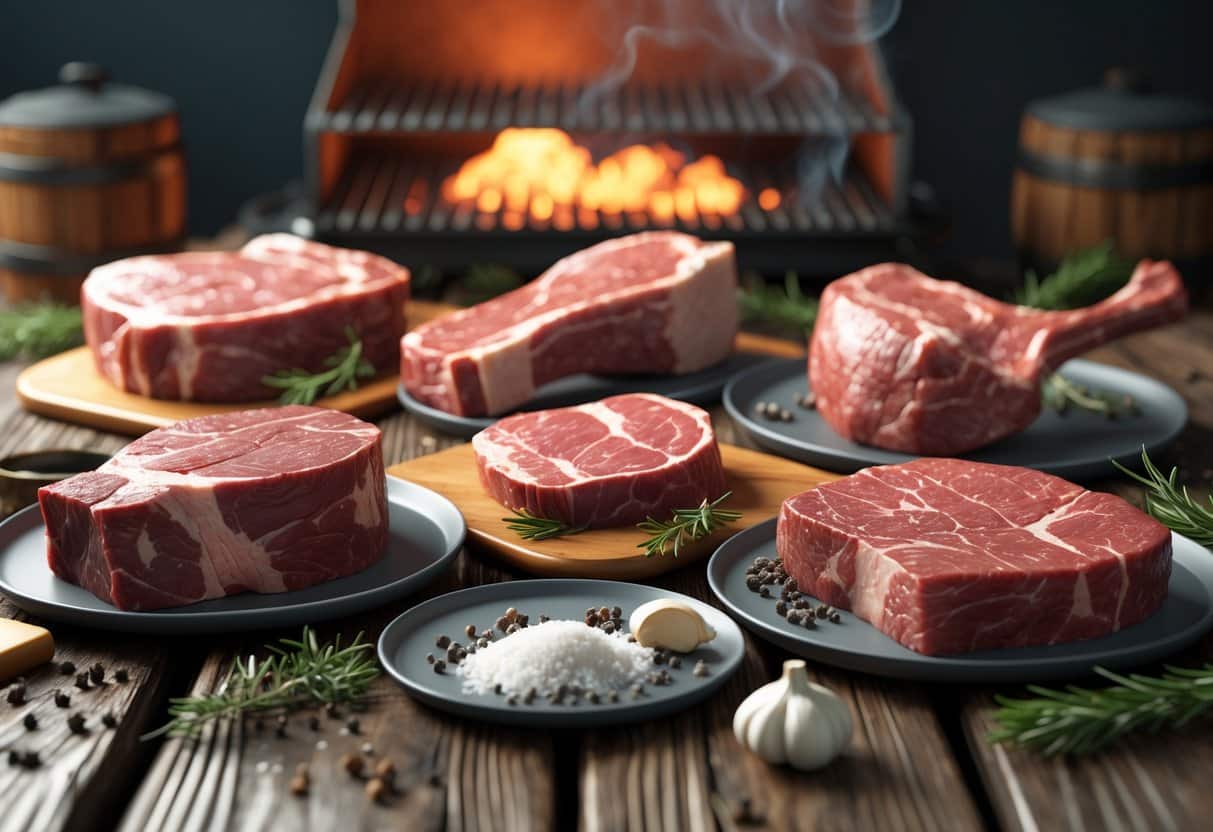 Mesa rústica com vários cortes de carnes crus considerados ruins para churrasco, com temperos ao redor e uma churrasqueira ao fundo.