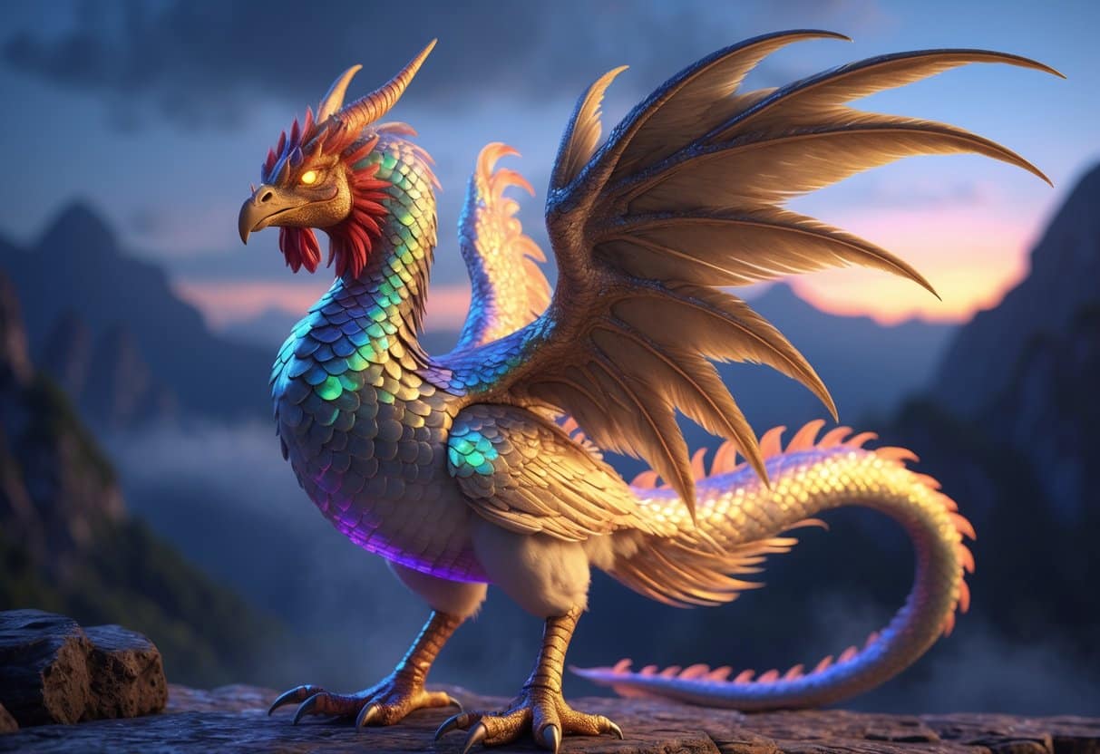 Uma criatura mítica que combina uma galinha e um dragão, com corpo de galinha e características de dragão, incluindo asas grandes, escamas brilhantes e uma cauda longa, em um cenário de montanhas ao entardecer.