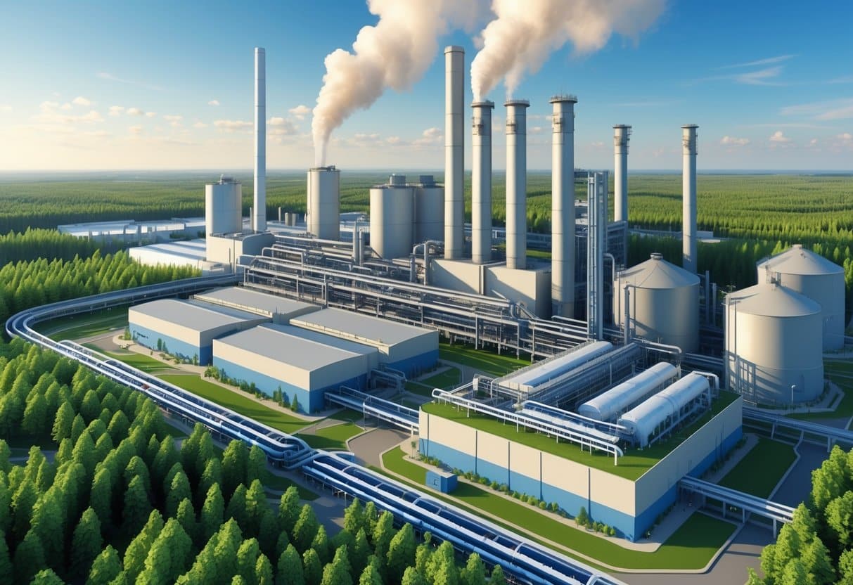 Vista aérea de uma grande fábrica de celulose cercada por florestas verdes, com várias construções industriais, chaminés e tanques de armazenamento.