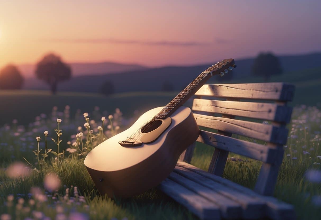 Cena tranquila ao ar livre com um violão apoiado em um banco de madeira, rodeado por flores e grama, ao entardecer.