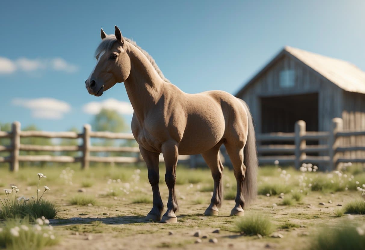 Um cavalo pequeno e simples em um campo rural com uma cerca de madeira e um celeiro ao fundo.