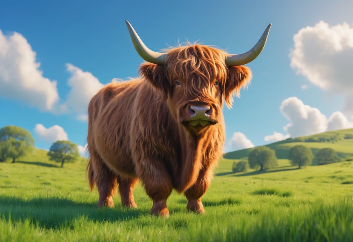 Uma vaca Highland marrom de pelos longos e chifres curvos em um campo verde com colinas ao fundo.