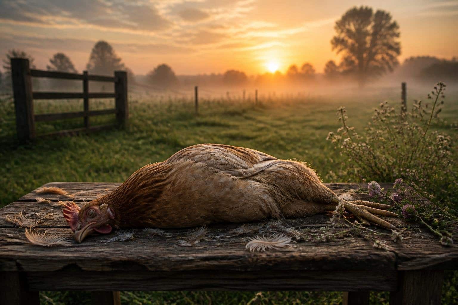 Uma galinha morta repousa sobre uma mesa de madeira em um cenário rural ao amanhecer, com grama verde e flores ao redor, e uma paisagem de fazenda ao fundo.