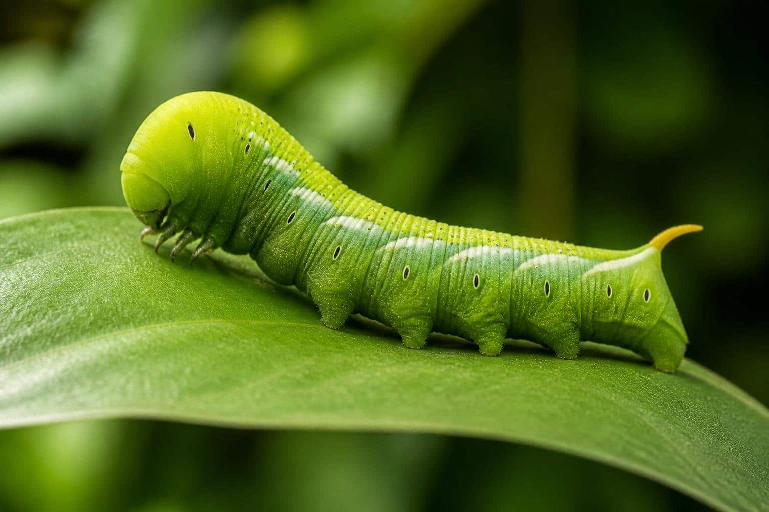Lagarta verde sobre uma folha verde em um ambiente natural.