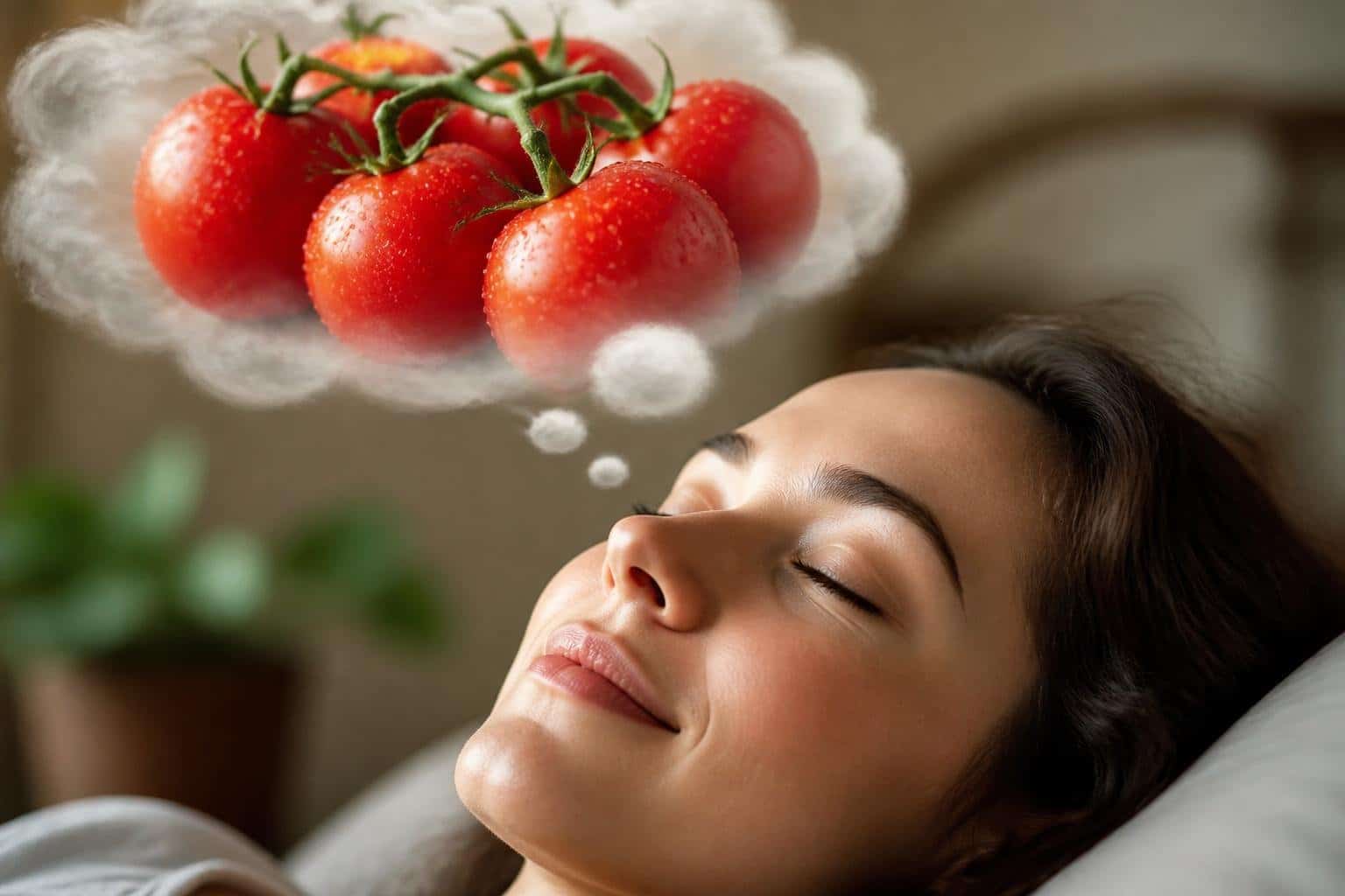 Pessoa com olhos fechados sonhando com tomates vermelhos maduros em um balão de pensamento acima da cabeça.