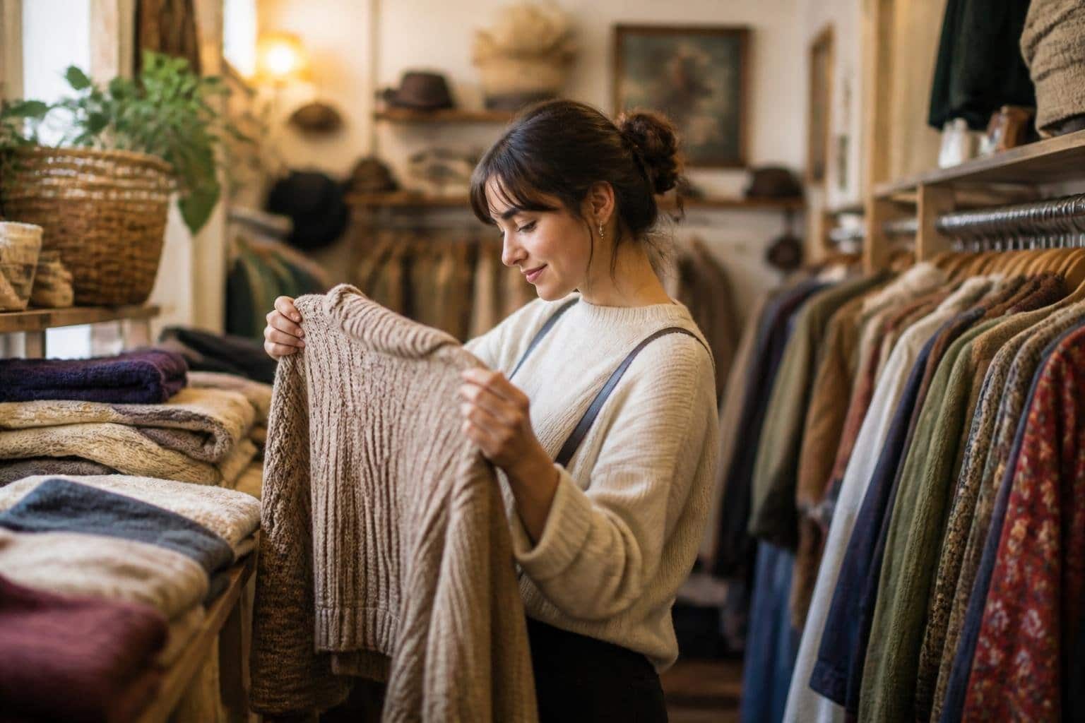 Pessoa segurando um suéter usado em um ambiente acolhedor com roupas usadas organizadas ao fundo.