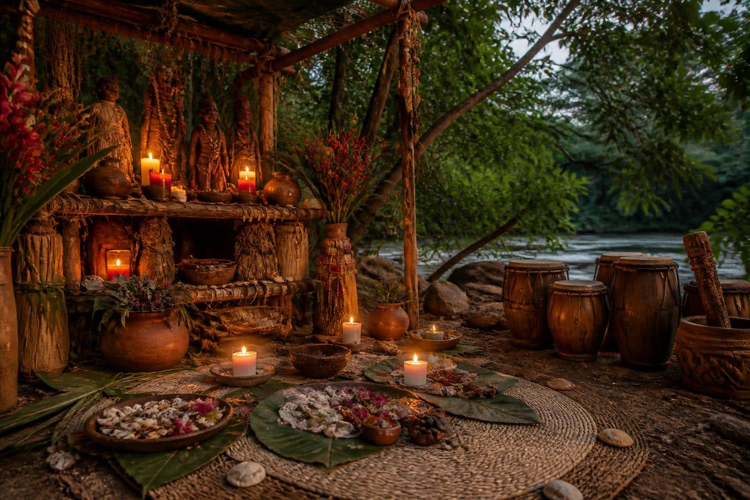 Altar tradicional de terreiro de macumba ao ar livre com velas, folhas, tambores e objetos rituais em ambiente natural.
