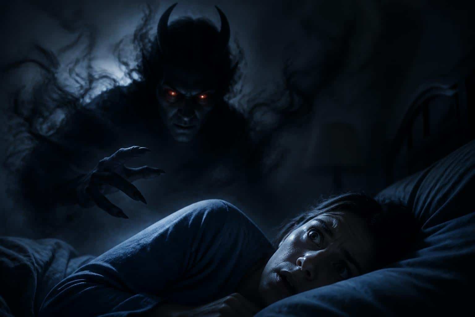 Pessoa deitada na cama com expressão de medo, enquanto uma figura sombria com olhos vermelhos e aparência demoníaca surge ao seu lado em um quarto escuro e assustador.
