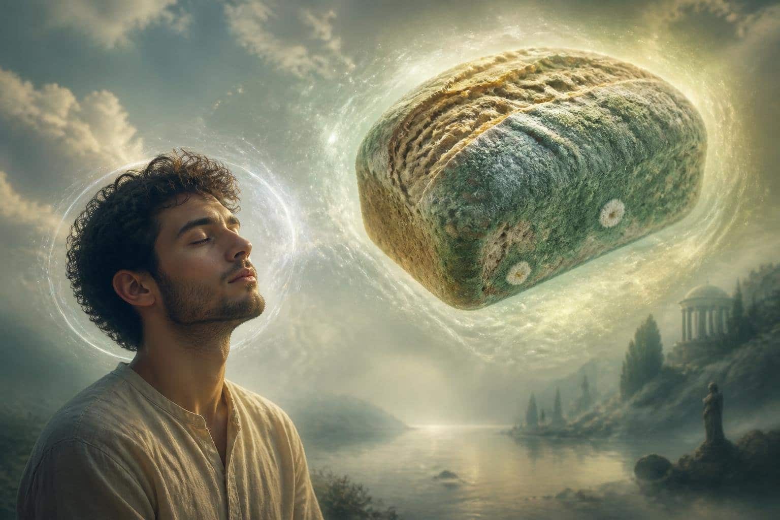 Pessoa em um ambiente espiritual sonhando com um pão coberto de mofo, cercada por uma atmosfera etérea e luz suave.