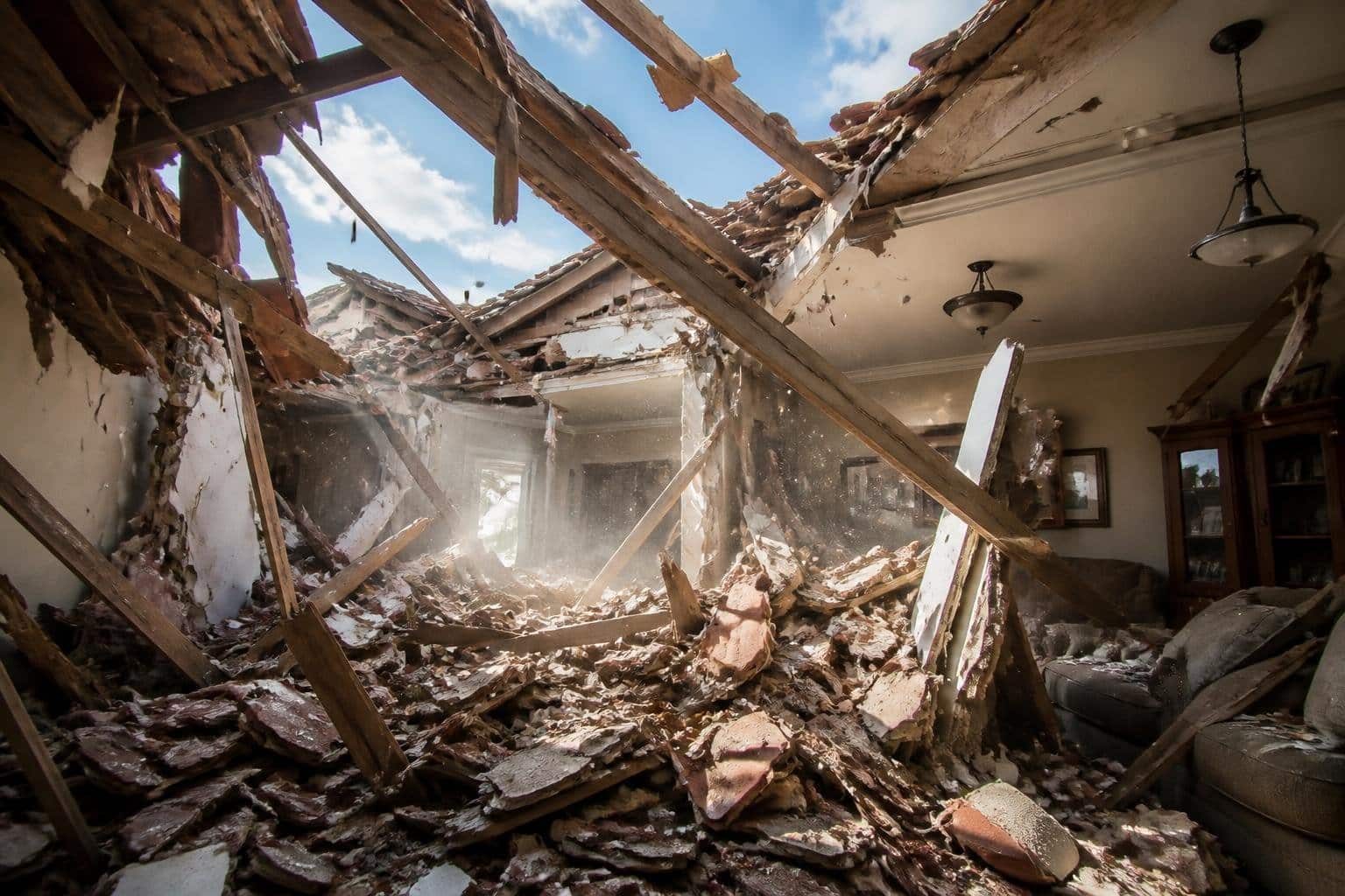 Telhado de uma casa desabando com madeira e telhas caindo, mostrando parte do interior da residência exposta.