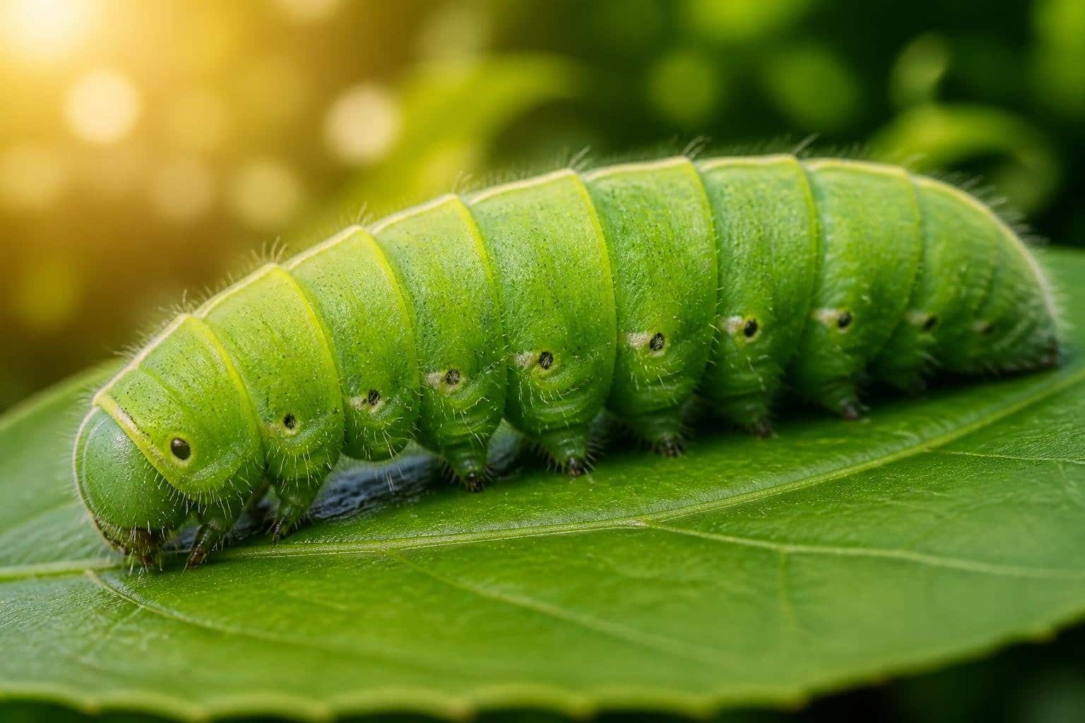Uma lagarta verde em uma folha verde com fundo desfocado ao ar livre.